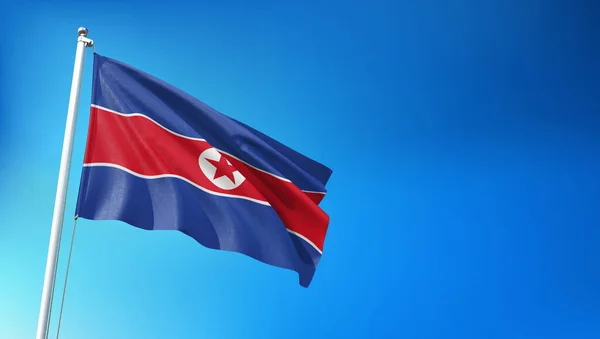 Bandeira Coreia Norte Voando Fundo Azul Céu Render — Fotografia de Stock