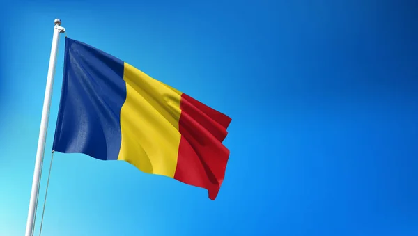 Rumuńska Flaga Tle Błękitnego Nieba Render — Zdjęcie stockowe