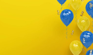 Gerçekçi Mavi ve Sarı Balonlu Sarı Arkaplan Kutlama 3D Render