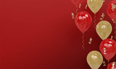 Red Background with Realistic Red and Gold Balloons Celebration 3D Render clipart