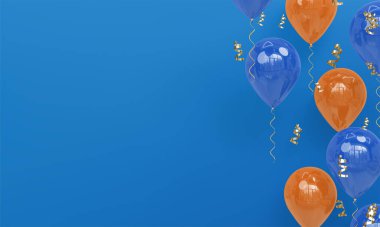 Gerçekçi Mavi ve Turuncu Balonlu Mavi Arkaplan Kutlama 3D Render