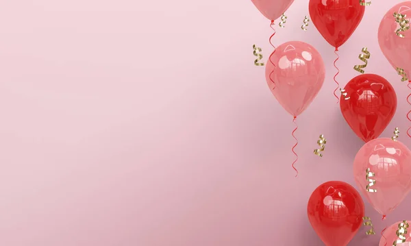 Rózsaszín Háttér Realisztikus Rózsaszín Piros Léggömbök Ünneplés Render — Stock Fotó