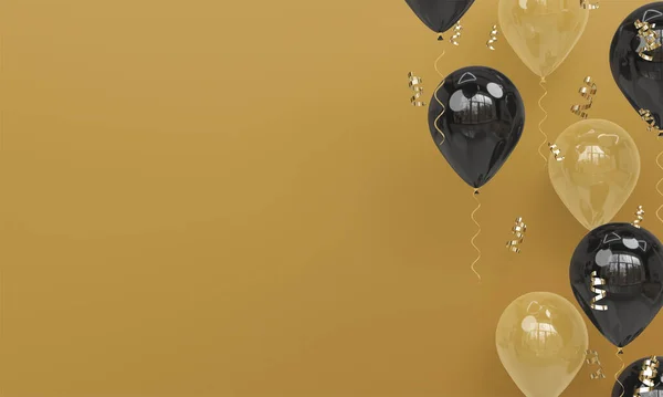 Fundo Ouro Com Realista Preto Ouro Balões Celebração Render — Fotografia de Stock