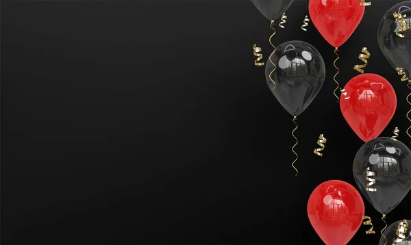 Svart Bakgrund Med Realistiska Röda Och Svarta Ballonger Firande Render — Stockfoto