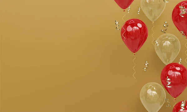 Guld Bakgrund Med Realistiska Guld Och Röda Ballonger Render — Stockfoto