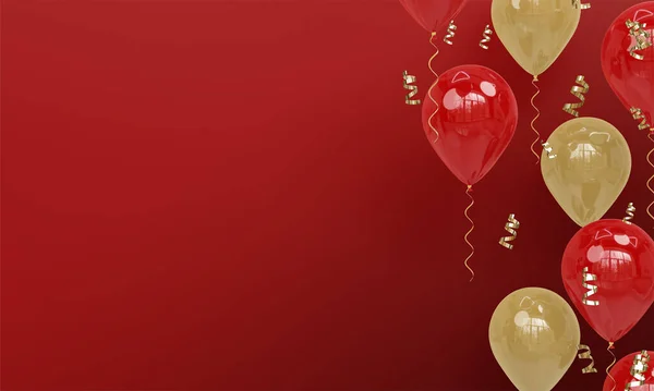 Czerwone Tło Realistycznymi Czerwonymi Złotymi Balonami Celebration Render — Zdjęcie stockowe