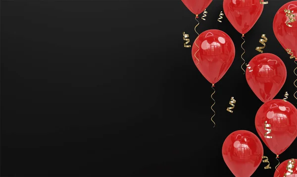 Svart Bakgrund Med Realistiska Röda Ballonger Firande Render — Stockfoto