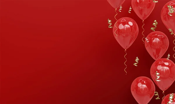 Gerçekçi Kırmızı Balonlar Ile Kırmızı Arkaplan Kutlama Render — Stok fotoğraf
