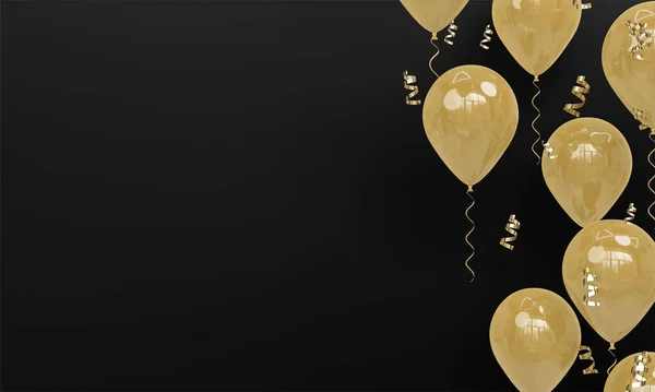 Czarne Tło Realistyczne Złote Balony Celebration Render — Zdjęcie stockowe