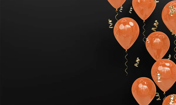 Svart Bakgrund Med Realistiska Orange Ballonger Firande Render — Stockfoto