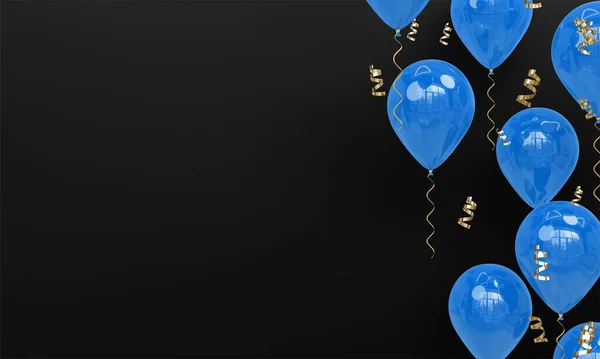Fondo Celebración Negro Con Globos Azules Realistas Render —  Fotos de Stock
