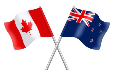 Beyaz arka planda Kanada ve Yeni Zelanda 'nın 3D bayrakları 