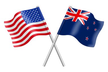 Beyaz arka planda ABD ve Yeni Zelanda 'nın 3D bayrakları 