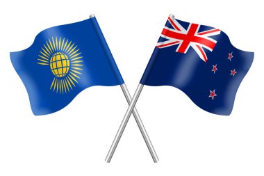 Beyaz arka planda 3 boyutlu Bağımsız Devletler ve Yeni Zelanda bayrakları 