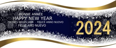 Greeting card with text Happy New Year 2024 in different languages clipart