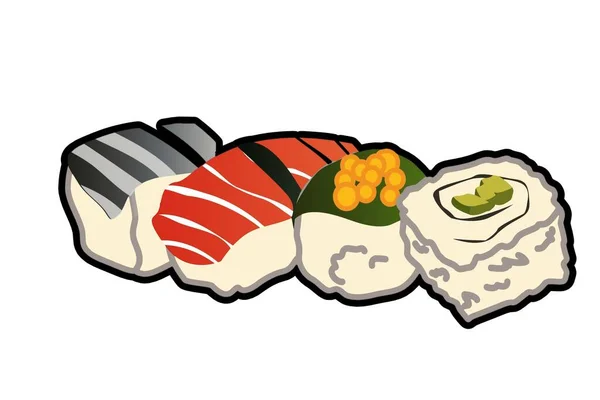Sushi Sashimi Maki Japońska Kuchnia Bazgroły Kreskówki Białym Tle — Zdjęcie stockowe