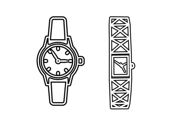 Set Klassischer Analoger Herren Und Damenarmbanduhr Uhrzeit Accessoire Auf Weiß — Stockfoto