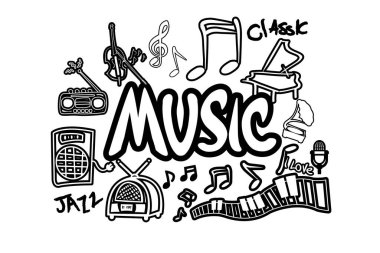 Müziğin temasını ayarla. İzole karikatür karalamaları müzik aletleri ve semboller beyaz arka planda
