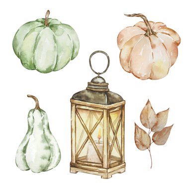 Şükran Günü suluboya elementleri, fener ve balkabağı izole edilmiş.