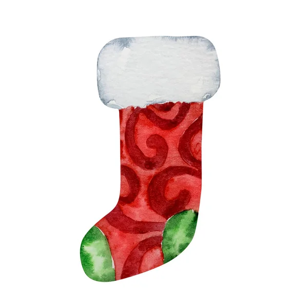 Akvarel Vánoce Červená Zelená Punčocha Pro Zimní Design — Stock fotografie