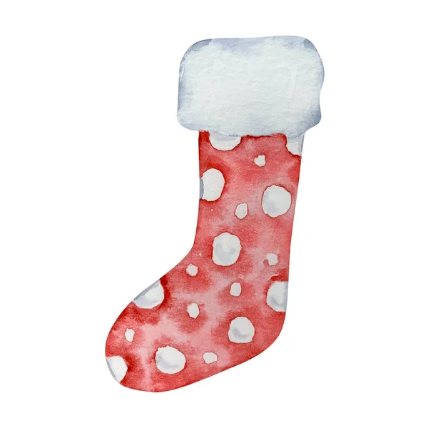 Akvarel Vánoce Červená Bílá Punčocha Pro Zimní Design — Stock fotografie
