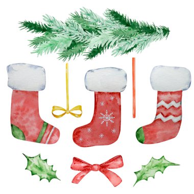 Tatil tasarımı için suluboya Noel çorapları ve kış yeşilliği.