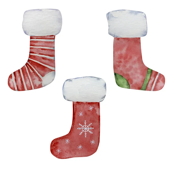 Akvarel Sada Vánoční Červené Zelené Punčochy Pro Zimní Design — Stock fotografie