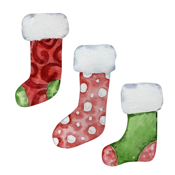 Kış Tasarımı Için Suluboya Kırmızı Yeşil Çoraplar — Stok fotoğraf