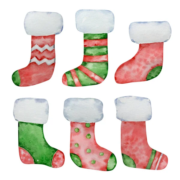 Kış Tasarımı Için Suluboya Kırmızı Yeşil Çoraplar — Stok fotoğraf
