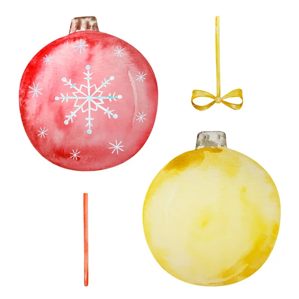 Akvarel Sada Vánoční Stromeček Dekorace Koule Pro Zimní Design — Stock fotografie