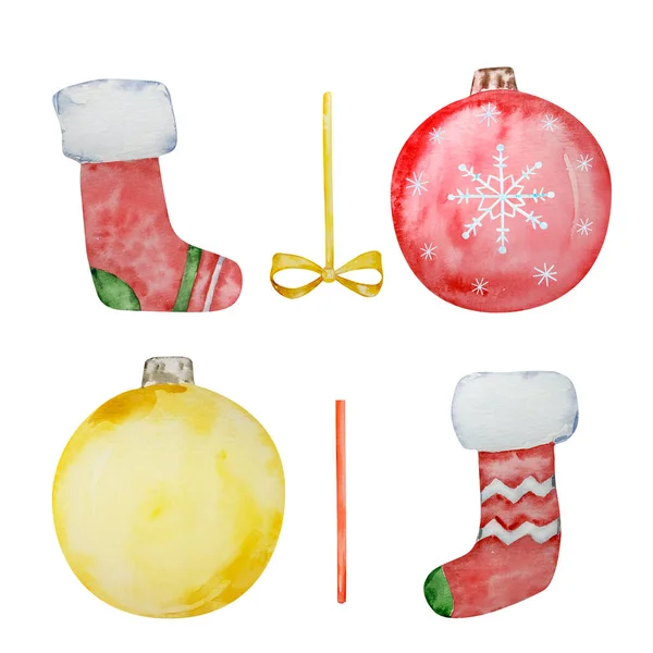 クリスマスツリーの装飾ボールと冬のデザインのためのストッキングの水彩セット — ストック写真