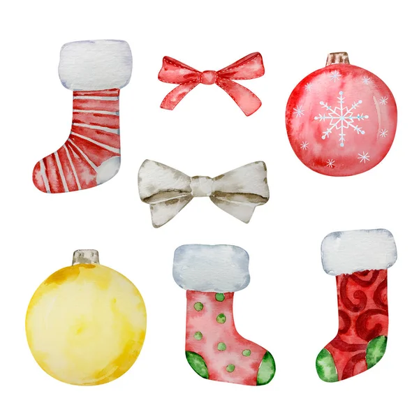 Conjunto Aquarela Decorações Natal Meias Para Design Inverno — Fotografia de Stock