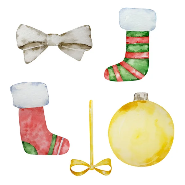 Συλλογή Νερομπογιάς Από Χριστουγεννιάτικες Διακοσμήσεις Και Κάλτσες Για Χειμερινό Σχεδιασμό — Φωτογραφία Αρχείου