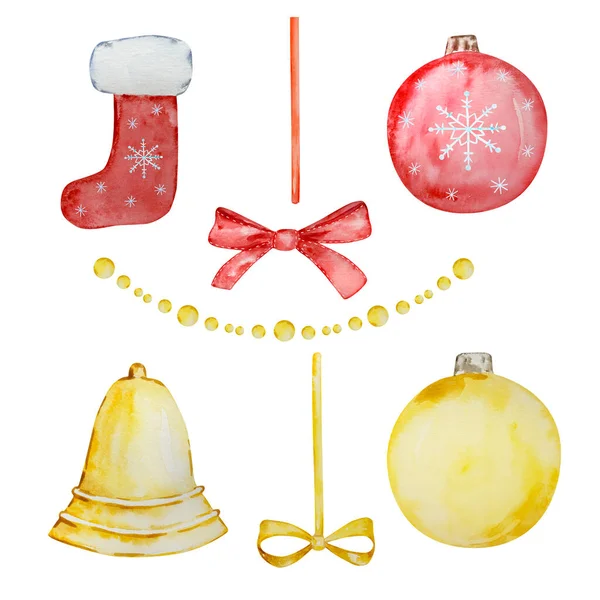 Acuarela Conjunto Decoraciones Árboles Navidad Medias Para Diseño Invierno — Foto de Stock