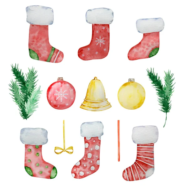 Akvarell Készlet Karácsonyi Harisnya Dekoráció Ünnep Design — Stock Fotó