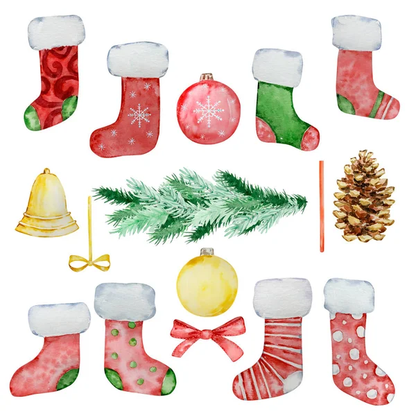 Σετ Νερομπογιάς Χριστουγεννιάτικες Κάλτσες Και Διακόσμηση Για Διακόσμηση Διακοπών — Φωτογραφία Αρχείου