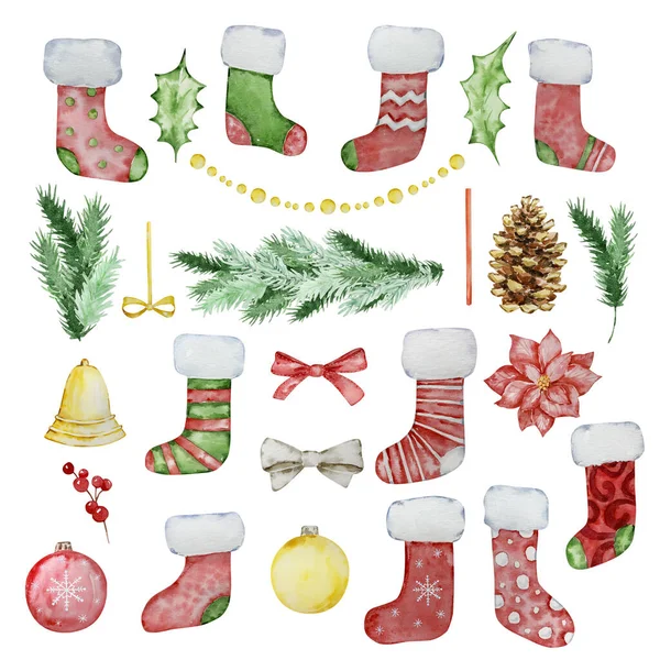 Υδατογραφία Μεγάλο Σύνολο Χριστουγεννιάτικες Κάλτσες Και Διακόσμηση Για Σχεδιασμό Των — Φωτογραφία Αρχείου