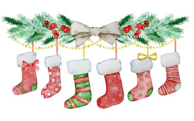 Suluboya Noel illüstrasyonu, Noel çoraplı köknar dalları kış tasarımı için.