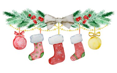 Suluboya Noel illüstrasyonu, Noel çoraplı köknar dalları kış tasarımı için.