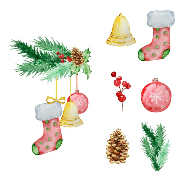 Акварель Різдвяна Ілюстрація Гірлянда Ялинкових Гілок Різдвяними Шкарпетками Зимового Дизайну — стокове фото