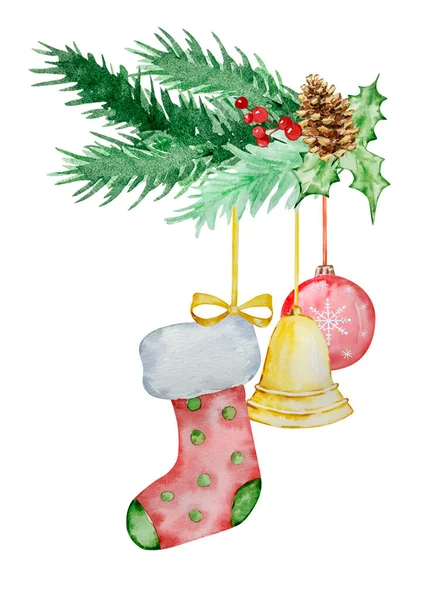 Рождественская Акварель Гирлянда Еловых Ветвей Рождественскими Носками Зимнего Дизайна — стоковое фото