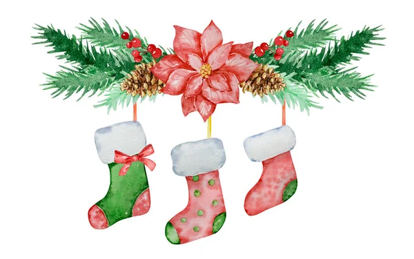 Suluboya Noel Illüstrasyonu Noel Çoraplı Köknar Dalları Kış Tasarımı Için — Stok fotoğraf