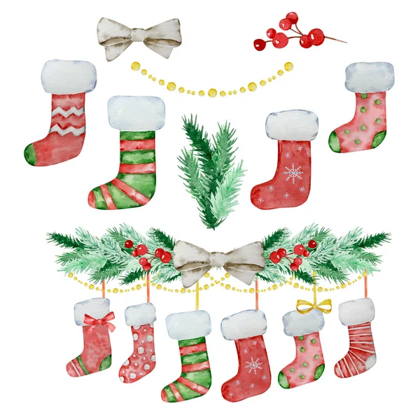 Υδατογραφία Χριστουγεννιάτικη Απεικόνιση Γιρλάντα Από Κλαδιά Ελάτης Χριστουγεννιάτικες Κάλτσες Για — Φωτογραφία Αρχείου
