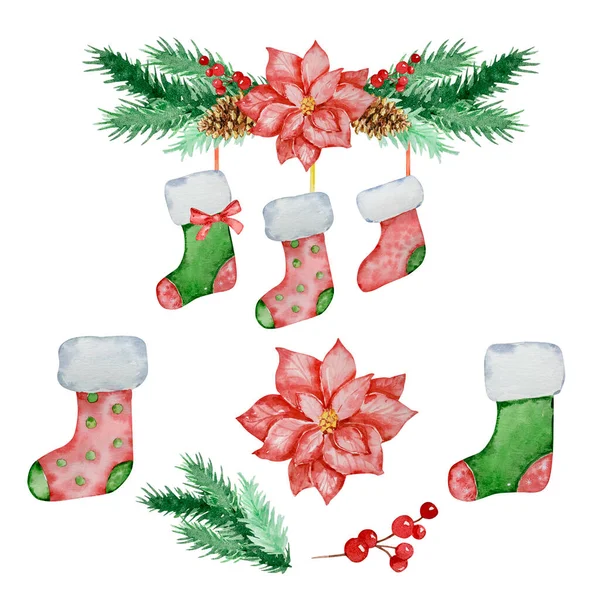 Υδατογραφία Χριστουγεννιάτικη Απεικόνιση Γιρλάντα Από Κλαδιά Ελάτης Χριστουγεννιάτικες Κάλτσες Για — Φωτογραφία Αρχείου