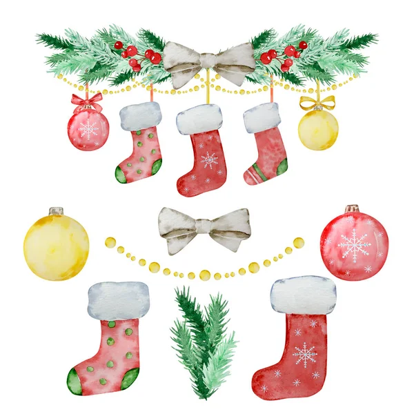 冬のデザインのためのクリスマスソックスとモミの枝のガーランドの水彩クリスマスイラスト — ストック写真