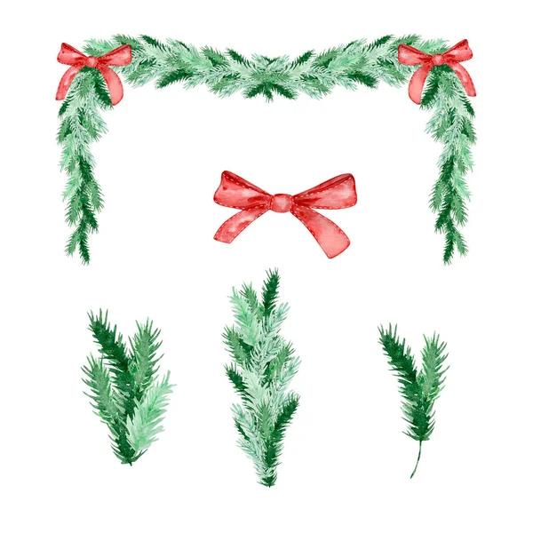 杉木和松树枝条的水彩画圣诞框架 冬季设计用弓 — 图库照片
