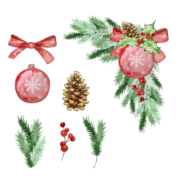 冬のデザインの装飾とモミや松の枝の水彩クリスマスフレーム — ストック写真