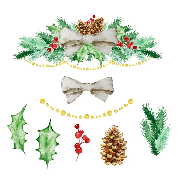 Acuarela Marco Navidad Ramas Abeto Pino Con Decoraciones Para Diseño — Foto de Stock