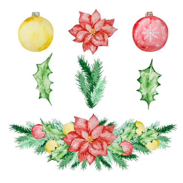 Akvarel Vánoční Rám Jedlových Borových Větví Dekoracemi Pro Zimní Design — Stock fotografie