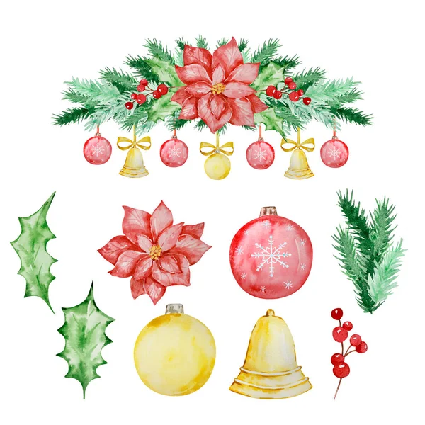 杉木和松树枝条的水彩画圣诞框架 配有冬季设计装饰 — 图库照片